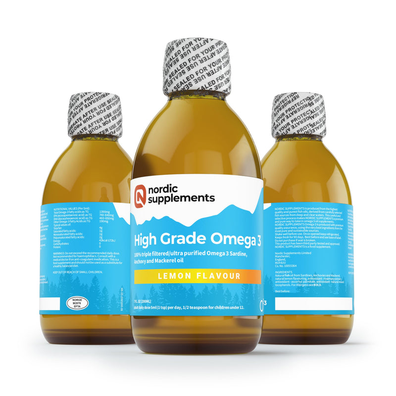 Nordic Supplements High Strength 200ml Omega 3 Fish Oil. Taste Award Winning Lemon Flavoured and Tested.