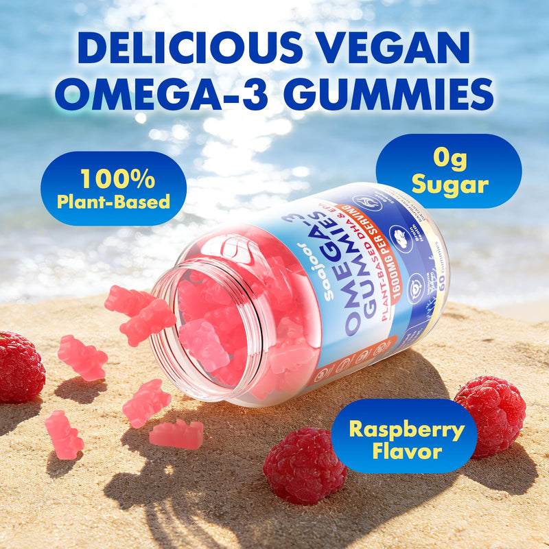 Vegan Omega-3 Gummies1000mg for Adults - Sugar Free Supplement with 400mg DHA & 600mg EPA, Vitamins A, C, E, and Zinc - 60 Count