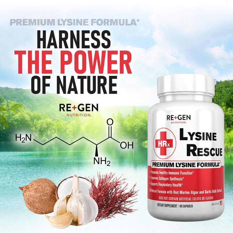 [Australia] - Lysine Rescue, Amino Acid Supplement for Stronger Immune Health & Collagen Synthesis in Women & Men, Promotes Lips & Skin Health, Natural, Pure L-lysine, 90 Capsules, 45 Day Supply 