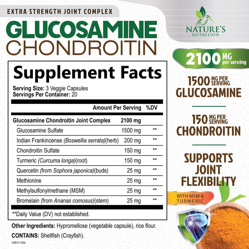 Nature's Nutrition Glucosamine Chondroitin MSM Capsules - Triple Strength Joint Health Support Supplement with Turmeric & Boswellia - Joint Flexibility Support Easy to Swallow Capsules - 60 Count 60 Count (Pack of 1)