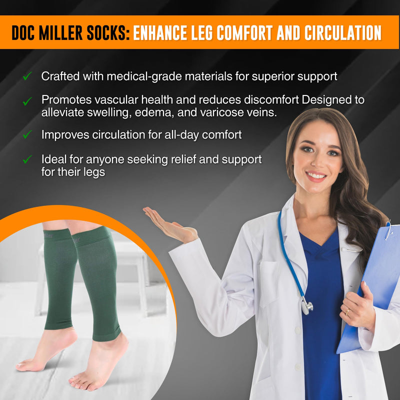 Doc Miller Calf Compression Sleeve – Footless Socks for Women & Men, 30-40mmHg Medical Design, Compression Shin Sleeves, Leg Cramp Relief, Varicose Veins, Knee High Stockings, 1 Pair Large Dark Green