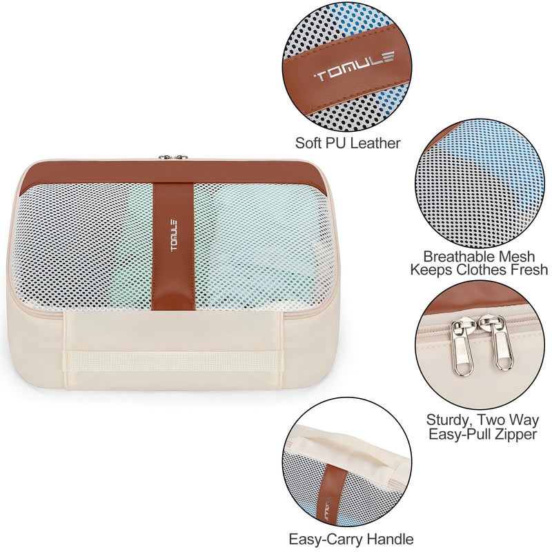 Structured PU Leather Mesh Packing Cubes with Metal Zippers, Breathable Travel Organizer Bags to Separate Dirty Shoes and Prevent Collapsing, Vacation Essentials, 6 Piece Set Fits 20-28 in Suitcases