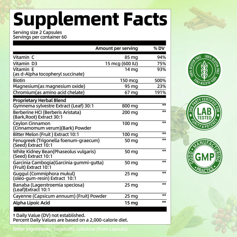 [Australia] - Gymnema Sylvestre Supplement 24,000 mg | 17-in-1 Herbal Complex with Berberine HCI, Cinnamon, Bitter Melon & Chromium -75% Gymnemic Acids - Supports Glucose Metabolic Balance & Energy Wellness 120 Count (Pack of 1) 
