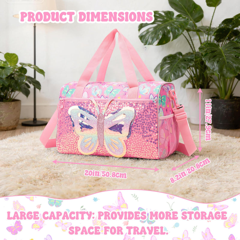 Butterfly Kids Duffle Bag Girls Ballet Dance Bag Overnight Travel Bags for Girls Sports Gymnastics Bags for Kids with Shoe Compartment Pink Butterfly