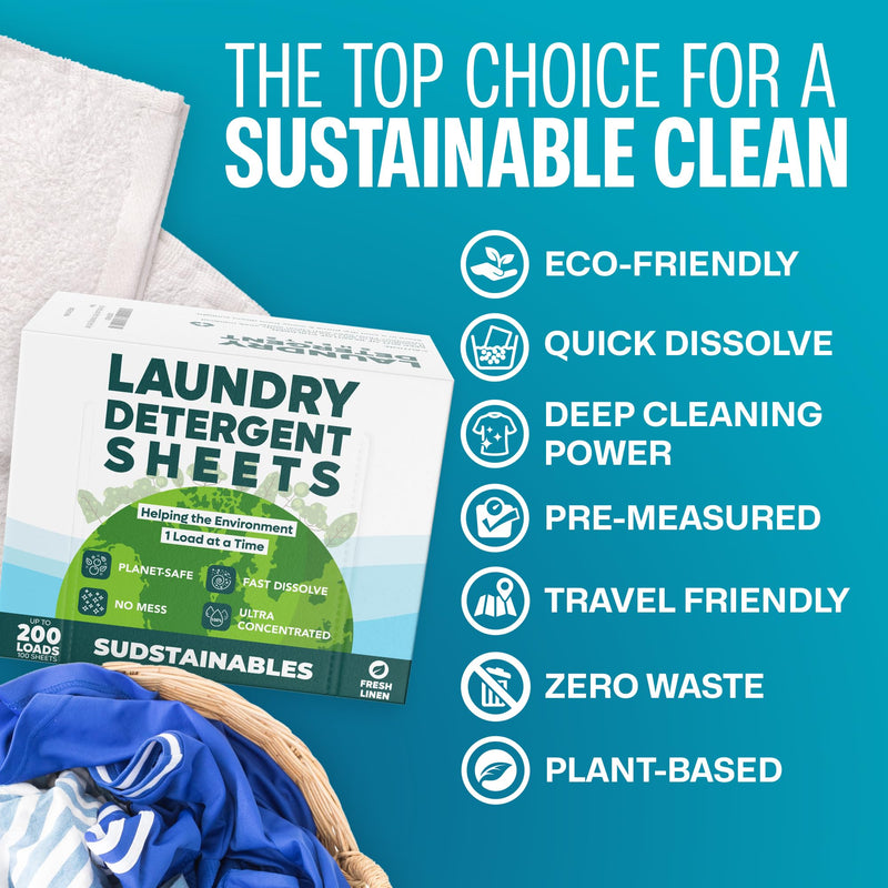 [Australia] - Eco Friendly Laundry Detergent Sheets (100 sheets 200 loads) - Plant based Free and Clear Strips for HE machine, travel, home clothes washing (Fresh Linen) 100 pack - Fresh Linen Scent 
