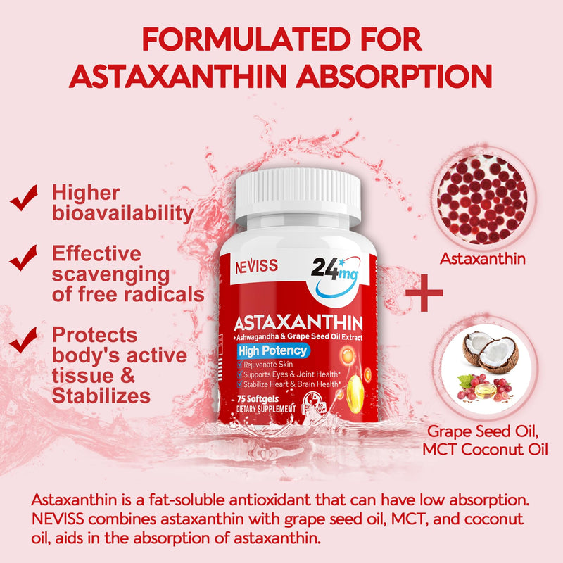 [Australia] - Astaxanthin Supplements 24mg, 5 Month Supply - Coconut MCT Oil, Fresh Microalgae Source w/Grape Seed Oil, Ashwagandha - Antioxidants for Healthy Skin, Eyes, Joints, Non-GMO & Gluten Free, 150 Softgels 75 Count (Pack of 2) 
