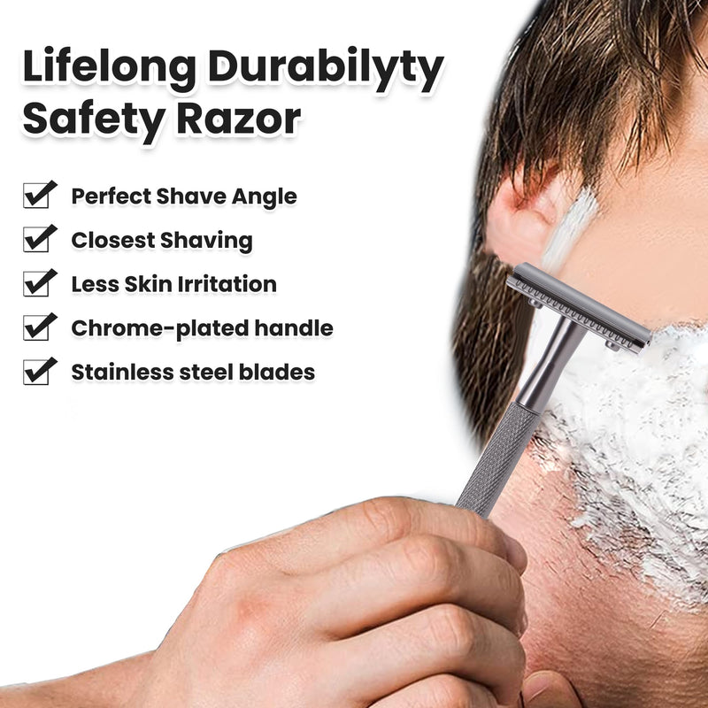 [Australia] - Double Edge Razor With Stand and 10 Premium Stainless Steel Blade Safety Razors For Men Shaving Razor, Matte Black Double Edge Safety Razor, Gun Black Gun Black with Stand 