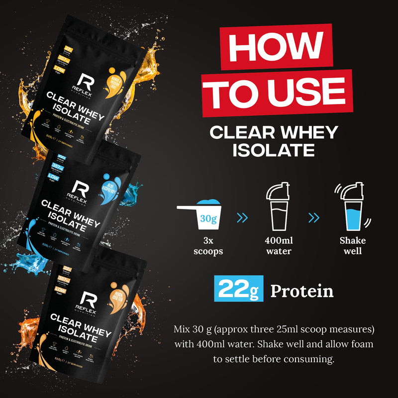 Reflex Nutrition Clear Whey Isolate Protein Powder - High Protein (22g), Low Fat, Low Sugar - Muscle Growth & Hydration - Juicy, Light and Refreshing - No Frothing (Blue Raspberry, 510g, 17 Servings)