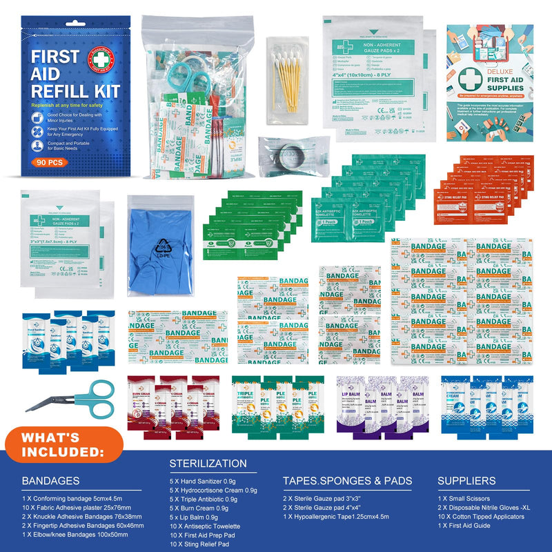 [Australia] - 90 Pieces First Aid Refill Kit - Wound Care Kit Includes Bandages for Home, Travel, Hiking - Portable Replacement Kit for First Aid Medical Supplies（1 Set） 90PCS (1 SET) 