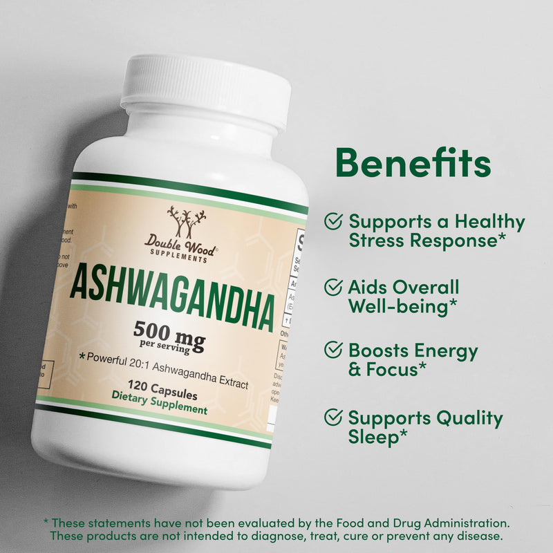 [Australia] - Ashwagandha Capsules, 120 Count (500mg Extract 20:1 Potency, Equivalent to 10,000mg Powder) Adaptogen Stress Relief by Double Wood 