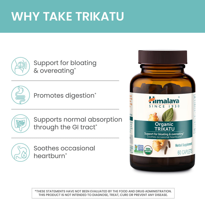 [Australia] - Himalaya Organic Trikatu, 60 Day Supply - Digestive Health Supplement for Occasional Bloating, Heartburn, and Indigestion Relief - USDA Organic, Vegan, Non-GMO, Gluten Free, 60 Caplets 