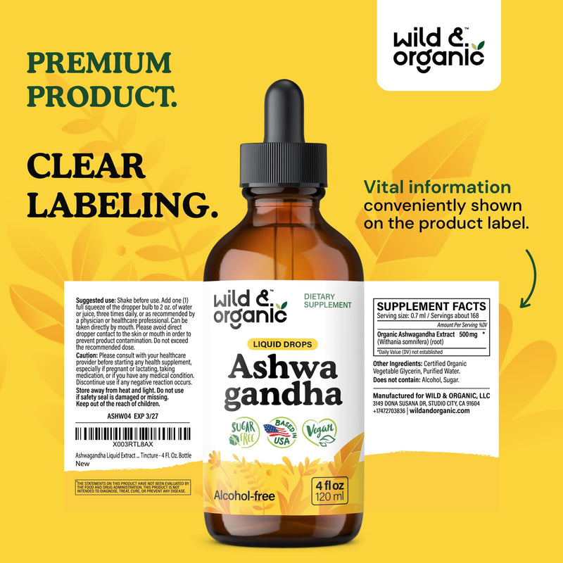 [Australia] - Wild & Organic Ashwagandha Drops - Mood Support Supplement w/Ashwagandha Root Extract - Liquid Drops for Calm Mind - Relaxation Supplements - Sugar & Alcohol-Free - 4 fl oz 4 Fl Oz (Pack of 1) 