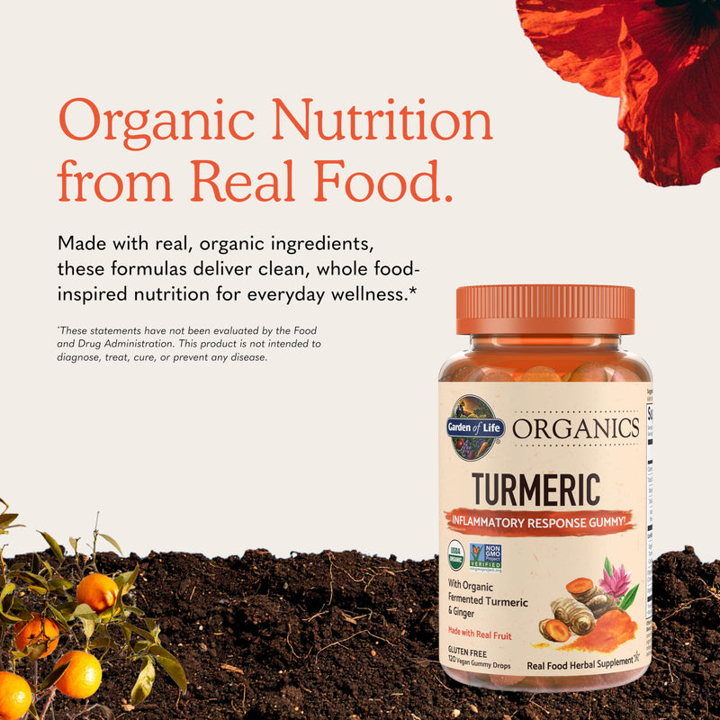 Garden of Life Organics Turmeric Inflammatory Response Gummy - 120 Real Fruit Gummies for Kids & Adults, 50Mg Curcumin (95% Curcuminoids), No Added Sugar, Organic, Non-GMO, Vegan & Gluten Free Turmeric,Ginger,Cinnamon,Black Pepper Fruit