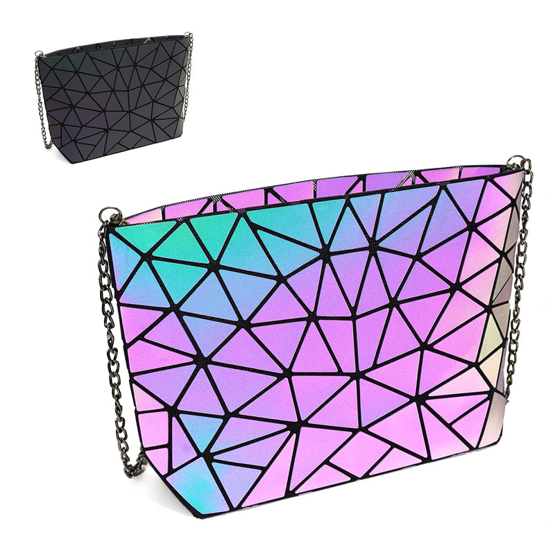 Geometric Purse for Women,Geometric Luminous Crossbody Bags (Large) and Holographic Clutch Set-3a