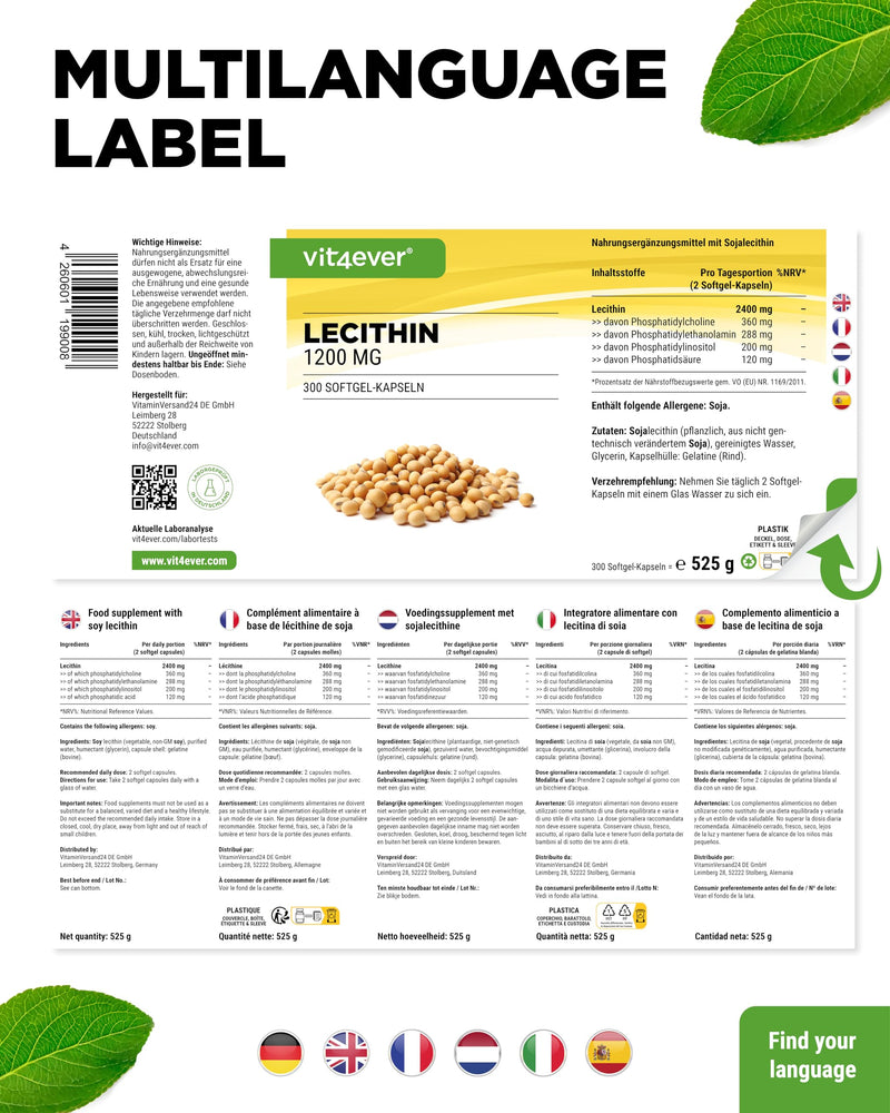 [Australia] - Lecithin 1200 mg - 300 softgels - Premium: With phosphatides - Soy lecithin without genetic engineering - High dosage - Premium quality 300 pieces 