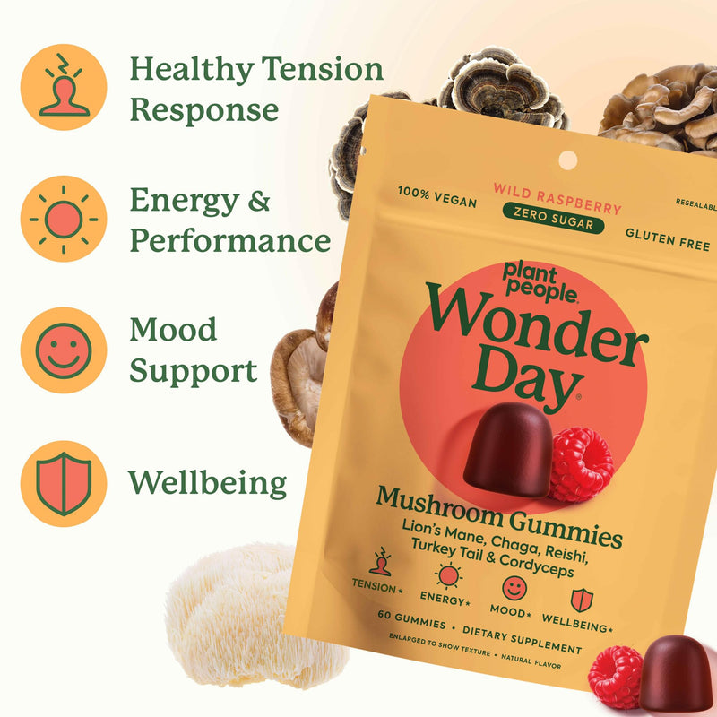 [Australia] - Plant People WonderDay Mushroom Gummies - Lion‚Äôs Mane, Cordyceps, Chaga Mushroom Supplement to Support Immune System De-Stress Boost Mood & Energy in Adults Natural, Vegan, Non-GMO (60 Count) 60 Count (Pack of 1) 