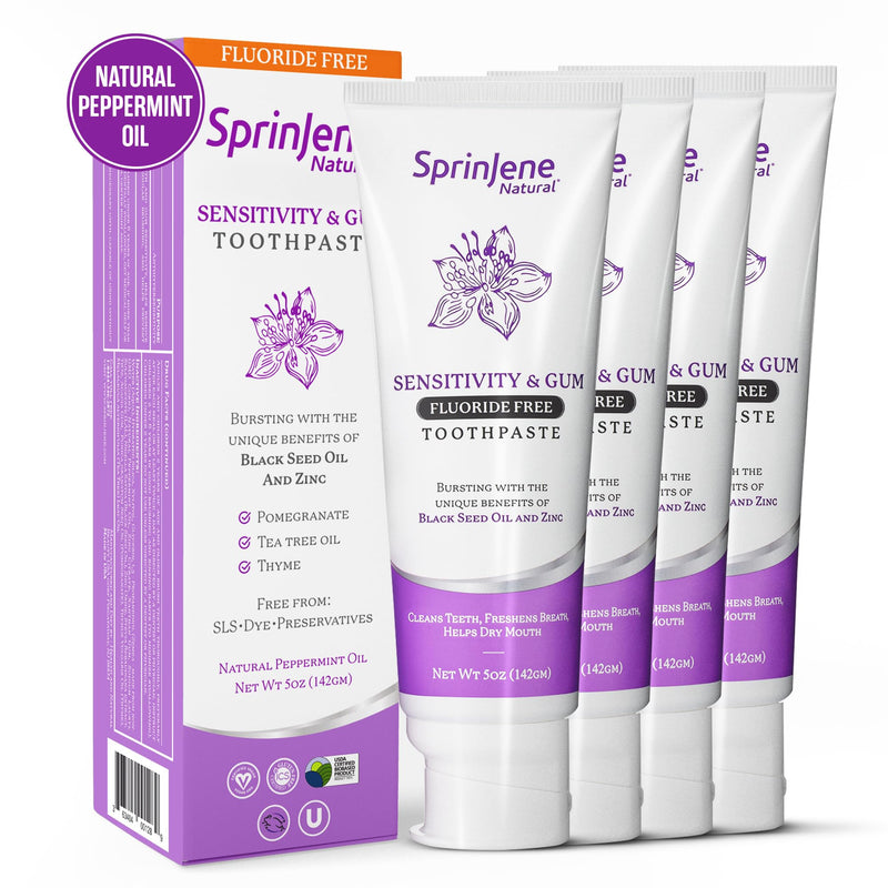 [Australia] - SprinJene Natural Fluoride Free Toothpaste for Sensitive Teeth & Gums – Patented Toothpaste with Black Seed Oil & Zinc – Vegan Dry Mouth Prevention for Fresh Breath – Made in The USA (4 Pack) Mint - Sensitivity & Gum Pack of 4 