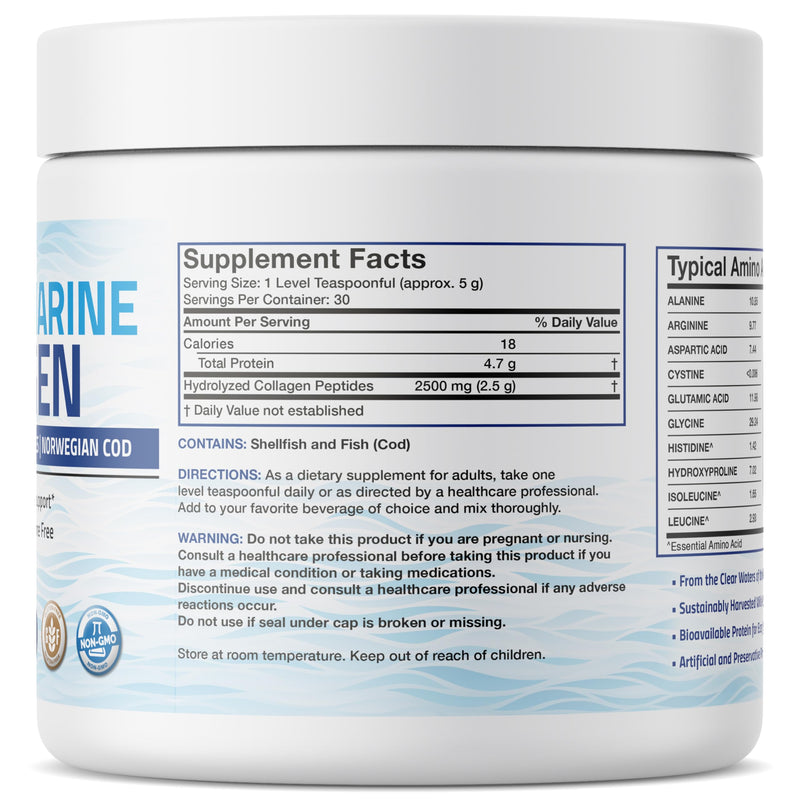 Bronson Marine Collagen Peptides Hydrolyzed Protein Powder 100% Wild Caught Nordic Cod Verified Sustainable Source for Joints Skin Hair Nails & Bones 150g (5.29oz)