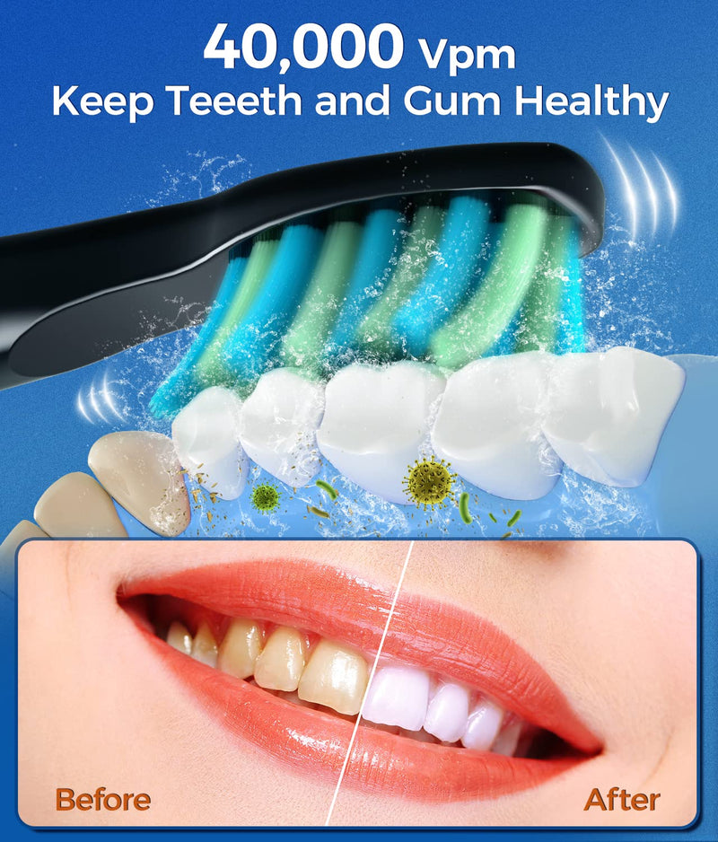 [Australia] - Electric Toothbrush for Adults with 8 𝐁𝐫𝐮𝐬𝐡 𝐇𝐞𝐚𝐝𝐬, Sonic Electric Toothbrush with 40000 VPM Deep Clean 5 Modes, Rechargeable Toothbrushes Fast Charge 4 Hours Last 30 Days Black 