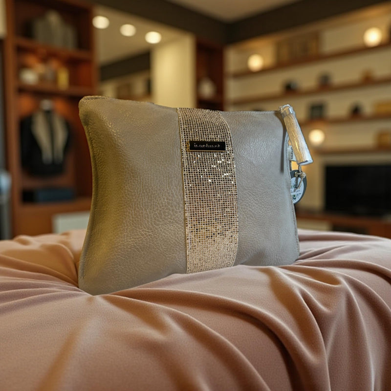 Handmade Gold & Beige Eco-Leather Cosmetic Bag | Quilted Accent with Metallic Detail | Elegant Makeup Pouch 10×8×0.5 in