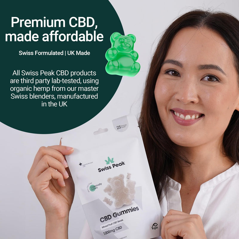 Swiss Peak 1200mg CBD Gummies, Delicious Edible Bears, UK-Made, Vegan, THC-Free, Premium CBD for Relaxation & Wellness, On-the-Go Grab Bag – 25 Gummies Per Pack