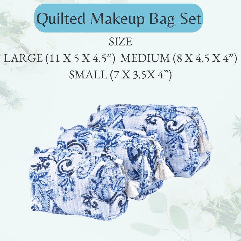 Quilted Floral Block Print Makeup Bag Set of 3 – Cotton Travel Toiletry and Makeup Organizer, Cosmetic Pouch, Toiletry Bag for Women, Cute Boho Coquette Make Up Bags for Women (Small, Medium, Large)
