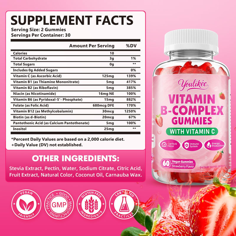 2 Pack Vitamin B-Complex Gummies for Women & Men, 120 Ct | Methyl B12, B1, B2, B3, B5, B6, B7 & B9 - Vitamin B Complex with Vitamin C for Energy & Immune Support, Strawberry Flavor 60 Count (Pack of 2)