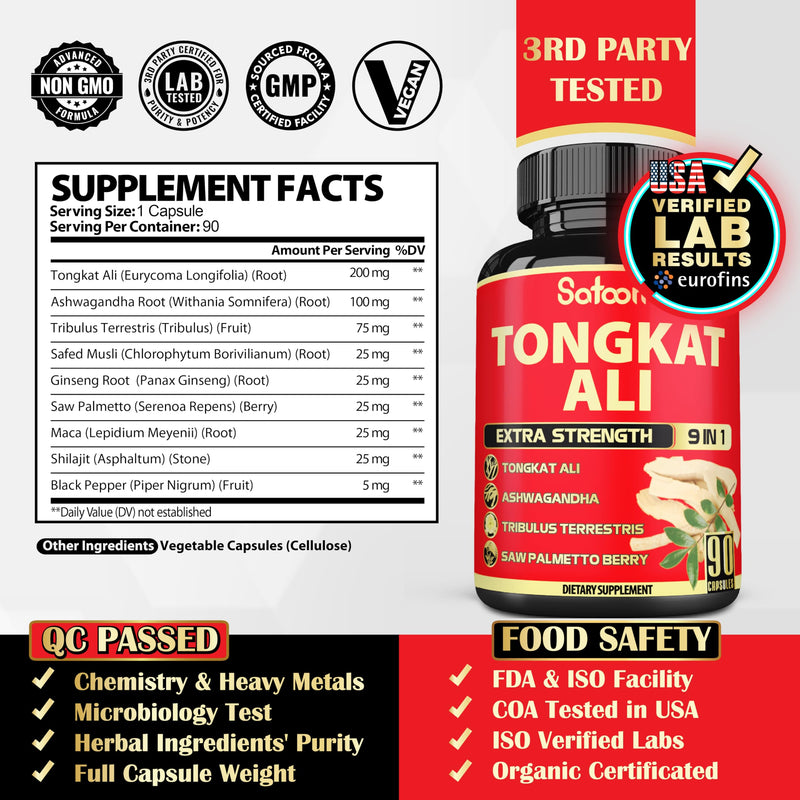 [Australia] - Satoomi 9in1 Tongkat Ali Root Extract - Ashwagandha, Tribulus Terrestris - 90 Capsules for 3 Months - Support Strength, Energy & Healthy Immune 90 Count (Pack of 1) 