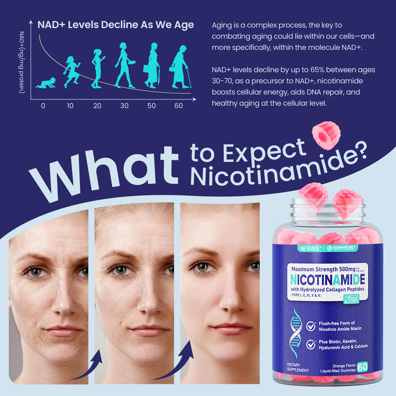 Nicotinamide 500mg Gummies, Niacinamide Supplement + Collagen,120 Counts | (Flush Free Niacin) Vitamin B3 Niacinamide for Anti-Aging, NAD+ Levels, Longevity, Energy, Focus & Brain Health, Sugar Free 60 Count (Pack of 2)