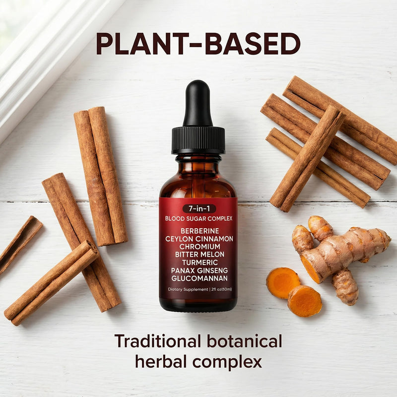 7-in-1 Complex Liquid Drops - Berberine with Ceylon Cinnamon, Chromium, Bitter Melon, Turmeric, Panax Ginseng & Glucomannan, Herbal Metabolic Support Supplement - 2fl oz