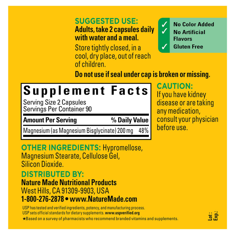 Nature Made Magnesium Glycinate 200 mg per Serving, 180 Capsules | High Absorption Magnesium Supplement for Muscle, Heart and Bone Support, Magnesium Bisglycinate Capsules, 90 Day Supply 180 Count (Pack of 1)