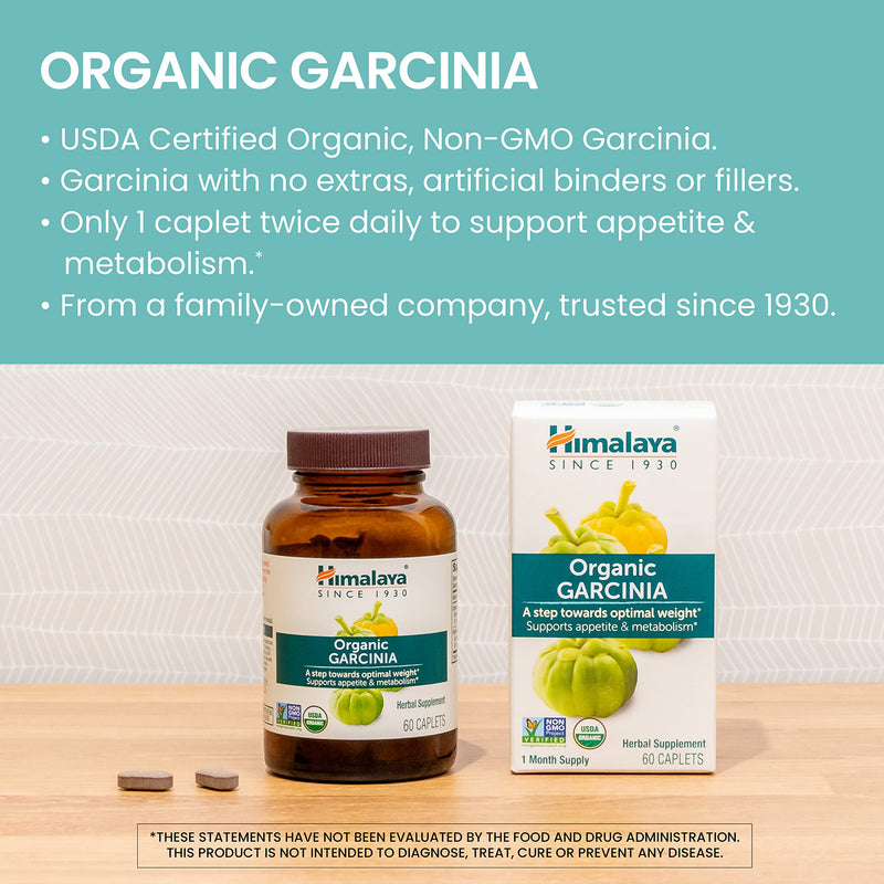 [Australia] - Himalaya Organic Garcinia Cambogia - Herbal Supplement Supporting Weight, Appetite Control, and Lipid Metabolism - Vegan, Non-GMO, Gluten Free, 600 mg, 60 Caplets 60 Count (Pack of 1) 