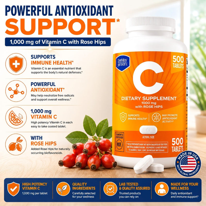 berkley jensen 1000mg Vitamin C Supplement with Rose Hips, 500 Tablets | Extra Strength Daily Vitamin C, Antioxidant & Immune Health Support, Men & Women, Ascorbic Acid, NSF Certified, Made in USA 500 Count (Pack of 1)