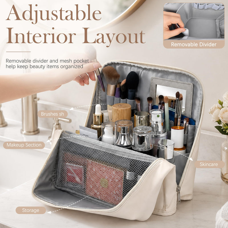 Travel Makeup Bag with Mirror and Phone Holder, Large Capacity Standing Cosmetic Bag for Women, Wide-Open Waterproof PU Leather Toiletry Bag with Divider and Luggage Strap for Skincare and Travel White