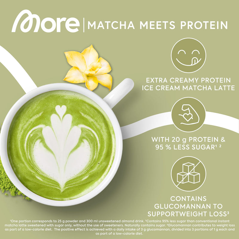 More Protein Iced Matcha Latte, 500 g, 1.1 lbs, 20 Servings, Matcha Powder with whey Protein, Low in Sugar and Fat – Made in Germany 500 g (Package of 1)