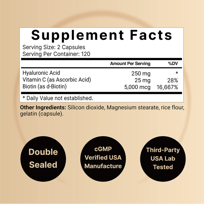 NatureBell 2 Pack Plant Based Hyaluronic Acid Supplements 250mg with 25mg Vitamin C & Biotin 5000mcg, 480 Total Capsules | Essential for Hair Growth, Joint Support, & Hydrating Skin | Non-GMO 240 Count (Pack of 2)