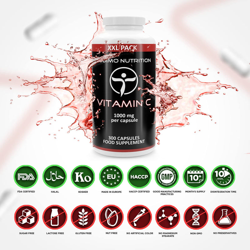 Vitamin C 1000mg Capsules - 300 pcs (10 Month Supply) of Rapidly Disintegrating Capsules, Each with 1000mg of Premium Quality & Pure Ascorbic Acid (VIT C) Powder in Large Family XXL Pack 300 count (Pack of 1)