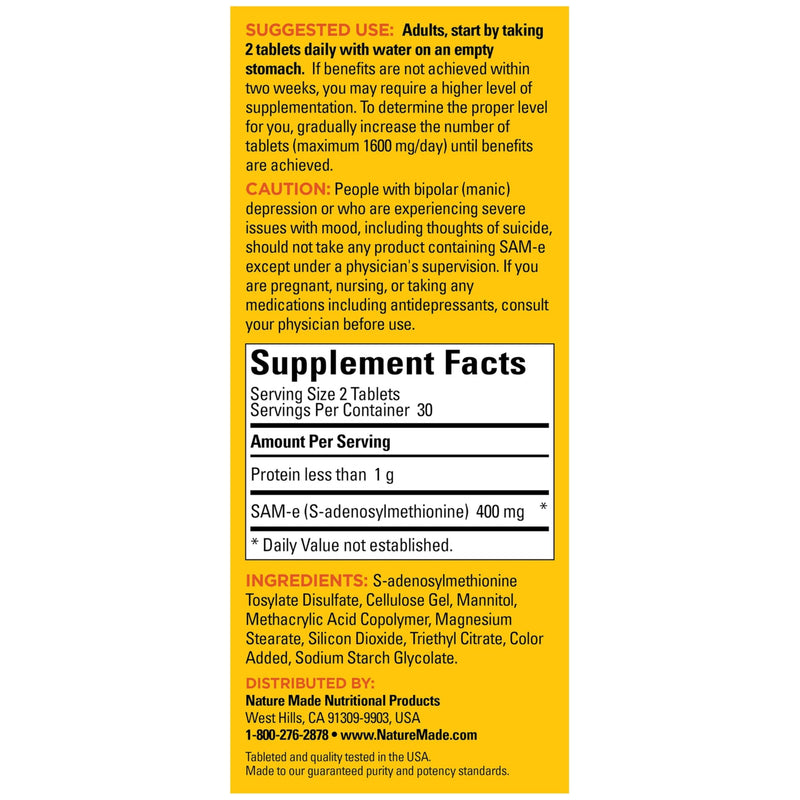Nature Made SAM-e 200mg Complete for Mood Support, 60 Tablets | Dietary SAM-e Supplement, Joint Health Supplement, Provides a Source of Sulfur to Help Support Joint Comfort, 30 Day Supply 60 Count (Pack of 1)