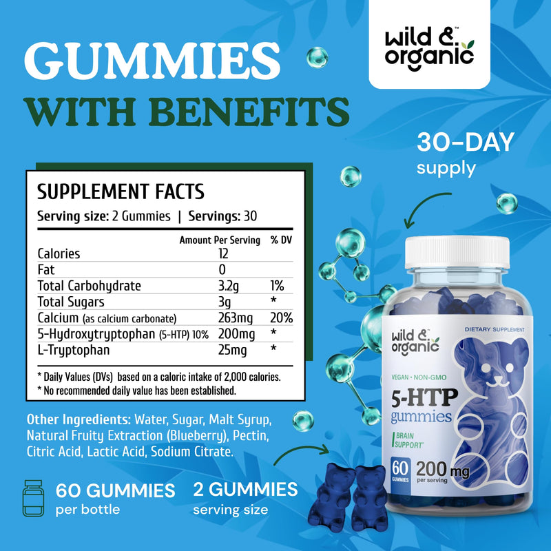 [Australia] - Wild & Organic 5-HTP 200mg Mood Gummies - L-Tryptophan for Relaxation and Natural Calm - 5 HTP Supplement for Brain Support - 60 Vegan, Non-GMO 5HTP Gummies 