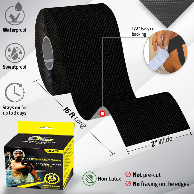 [Australia] - Physix Gear Sport Kinesiology Tape (2 Pack or 1 Pack), Best Waterproof Muscle Support Adhesive, 2in x 16.4ft Roll Uncut, Physio Therapeutic Aid for Injury Recovery Black (1 Pack + eGuide) 
