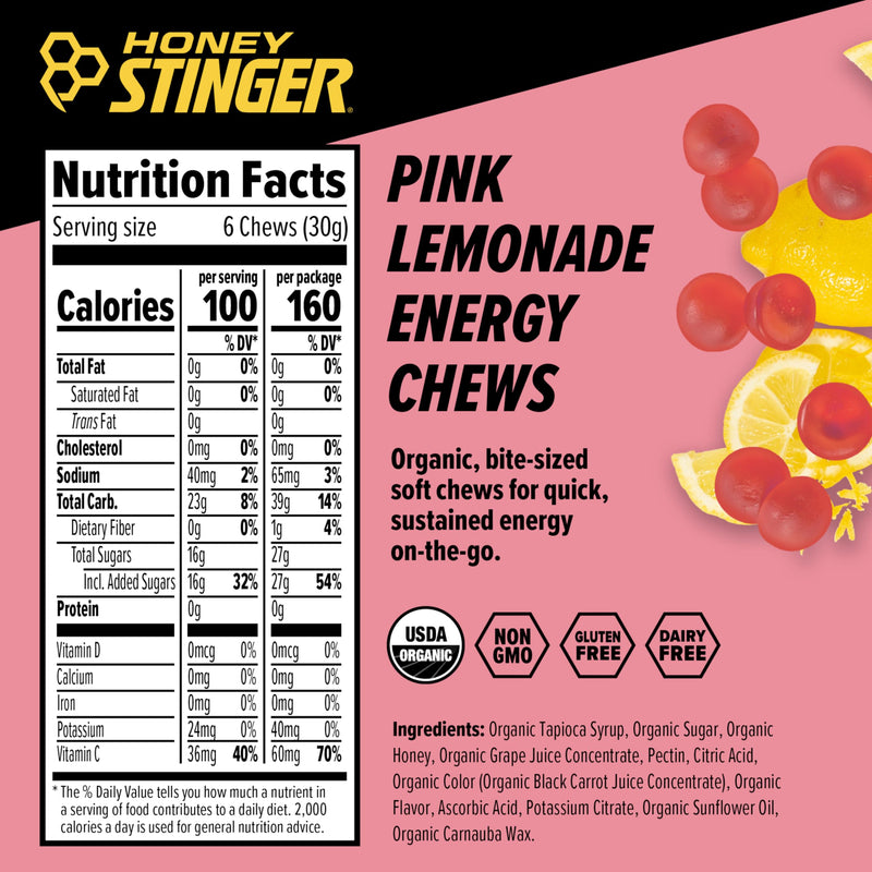 [Australia] - Honey Stinger Organic Pink Lemonade Energy Chew | Gluten Free & Caffeine Free | For Exercise, Running and Performance | Sports Nutrition for Home & Gym, Pre and Mid Workout | 12 Pack, 21.6 Ounce 1.8 Ounce (Pack of 12) 