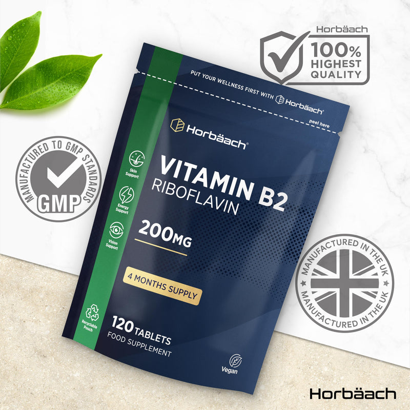 Vitamin B2 Riboflavin 200mg | 120 Vegan Tablets (4 Months Supply) | High Strength Supplement | No Artificial Preservatives | by Horbaach