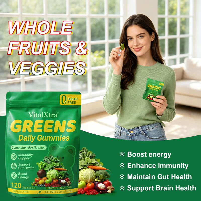 Sugar-Free Greens Gummies, Superfood Multivitamin Gummy for Adults, Greens Daily Gummies w/Spirulina, Chlorella, Adaptogens, Prebiotic Fiber & Fruit Veggie for Digestive Health, 120 Count