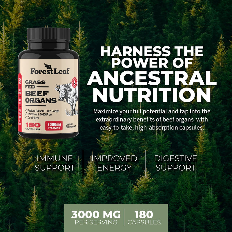 [Australia] - ForestLeaf Beef Organ Supplement - Grass Fed & Pasture Raised - Total Body Wellness & Performance, Organ Complex with 3000mg of Desiccated Beef Liver, Heart, Kidney, Pancreas, Spleen (180 Capsules) Unflavor Beef Organ 