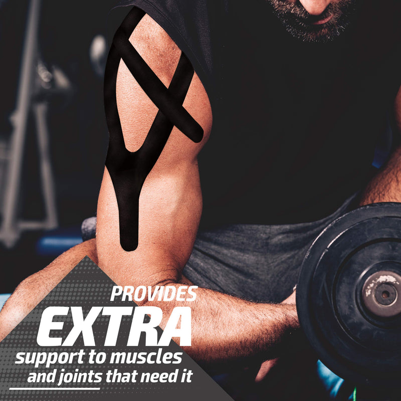 [Australia] - Physix Gear Sport Kinesiology Tape (2 Pack or 1 Pack), Best Waterproof Muscle Support Adhesive, 2in x 16.4ft Roll Uncut, Physio Therapeutic Aid for Injury Recovery Black (1 Pack + eGuide) 