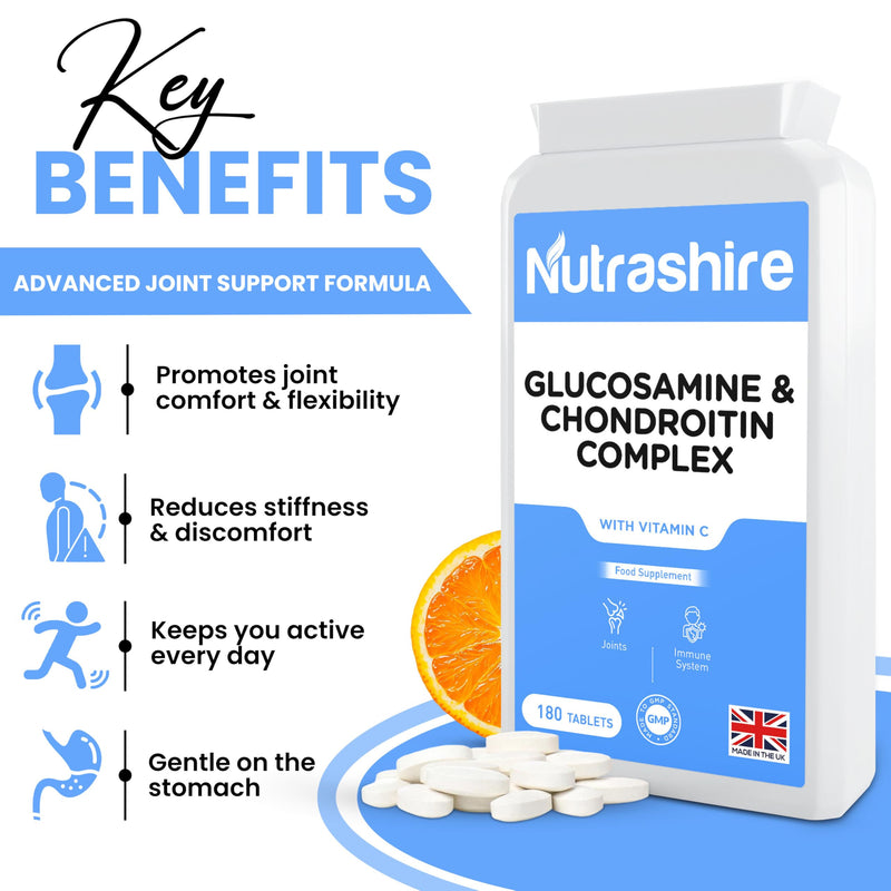 Glucosamine and Chondroitin High Strength Complex 180 Tablets - Vitamin C Joint Care Supplements for Cartilage, Bones, Fatigue & Immune Support – Made in the UK