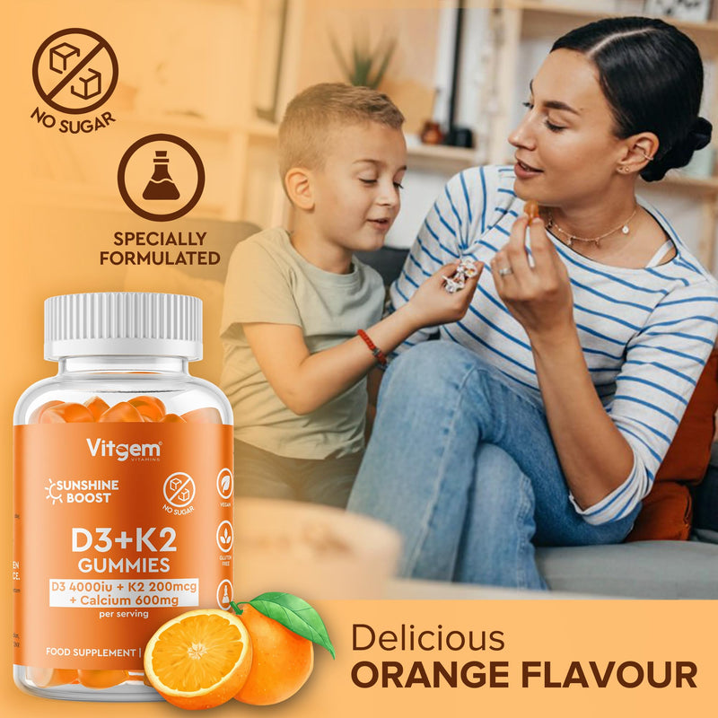 60 Gummies - Vitamin D3 4000 IU + K2 100 µg - Orange Flavored Gummy for Immune and Bone Health Support - High Strength Sunshine Vitamin D Supplement - Vegan, Gluten Free & Sugar Free 60 count (Pack of 1)