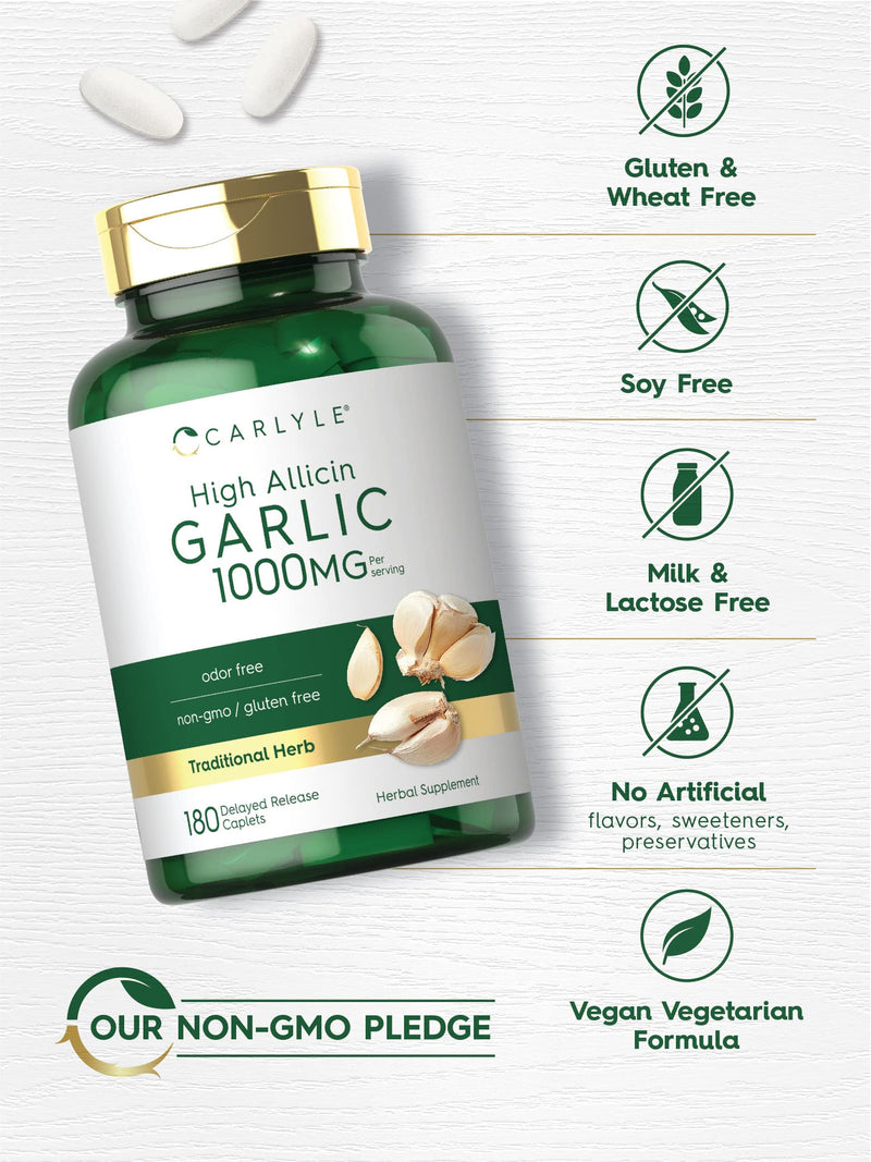 Carlyle Garlic Supplement with High Allicin | 180 Caplets | Odorless Garlic Pills | Vegetarian, Non-GMO, Gluten Free