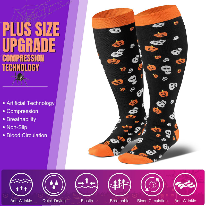[Australia] - Halloween Plus Size Compression Socks Wide Calf for Women & Men 20-30 mmhg-Extra Wide Calf Knee High Support Socks for Nurse XX-Large 01-halloween Plus 