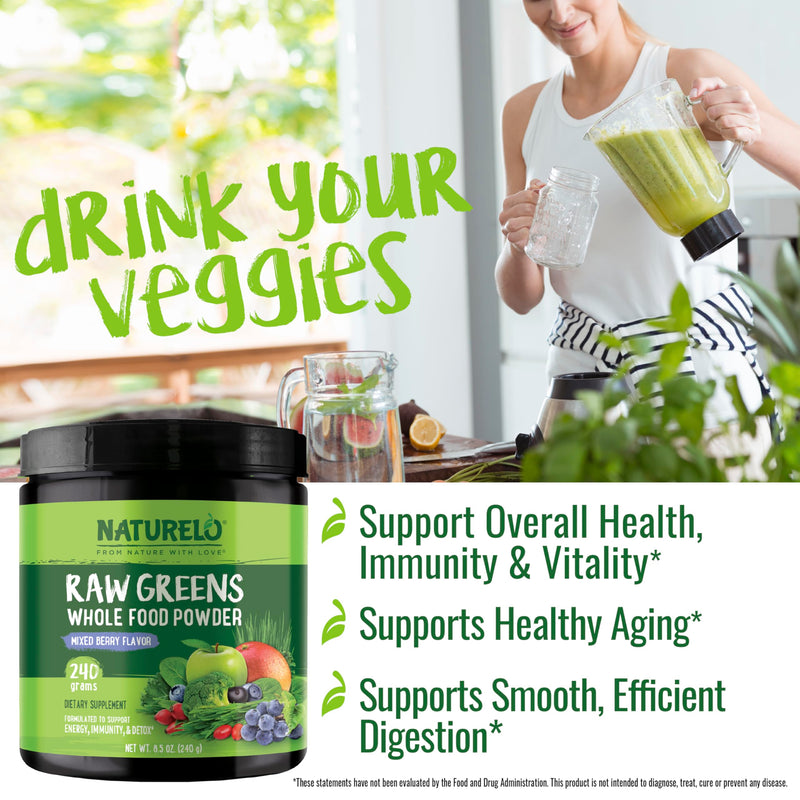 [Australia] - NATURELO Raw Greens Superfood Powder - Mixed Berry - Boost Energy, Detox, Enhance Health - Organic Spirulina - Wheat Grass - Whole Food Nutrition from Fruits & Vegetables - 240 Grams 8.5 Ounce (Pack of 1) 